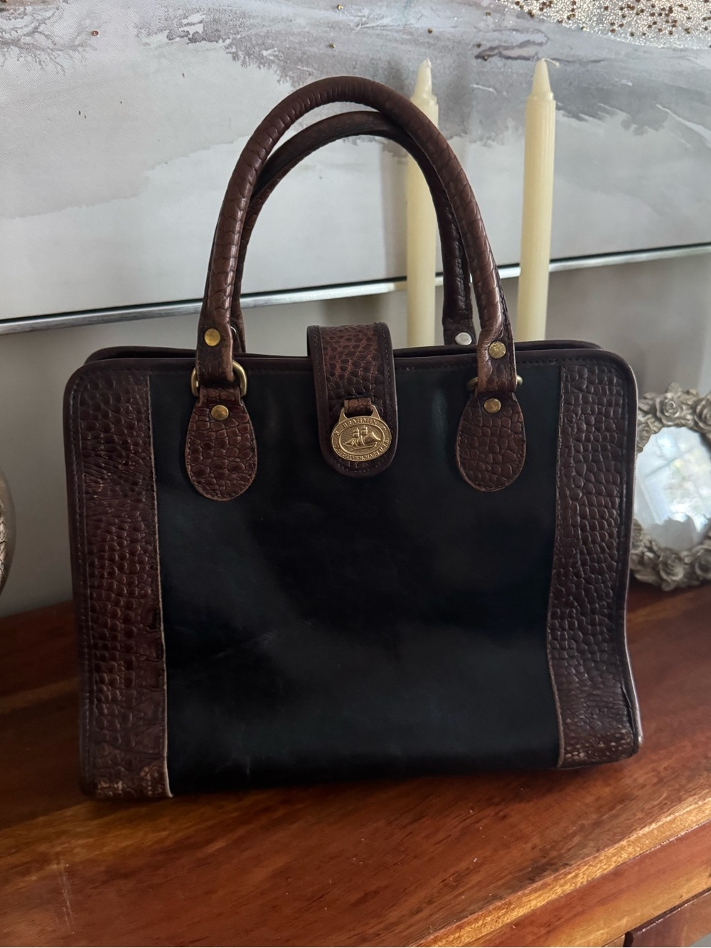 Vintage Brahmin Tuscan Collection Black & Brown Croc Embossed Leather Satchel